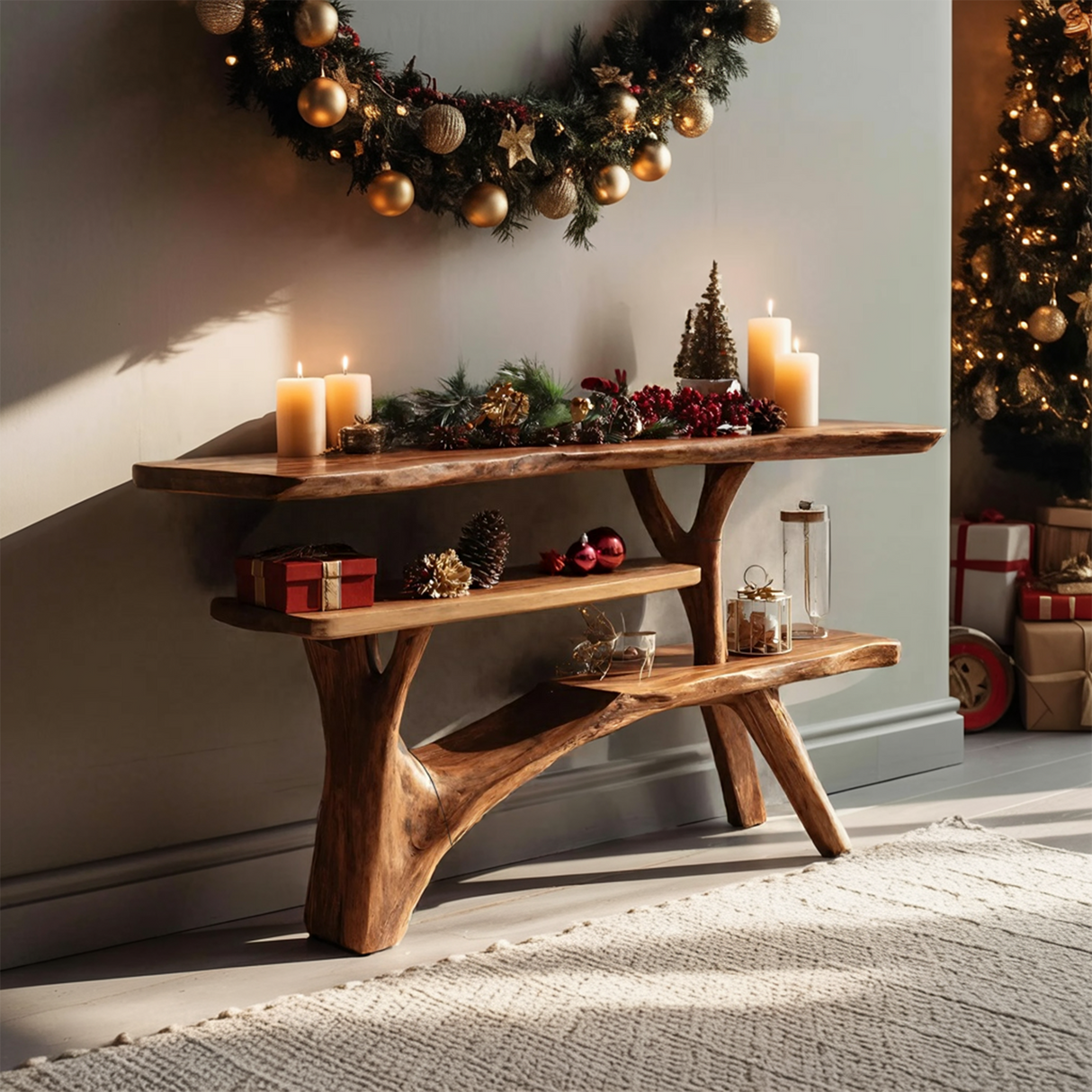 Mid Century Solid Wood Console Table For Entryway Design Winter Christmas