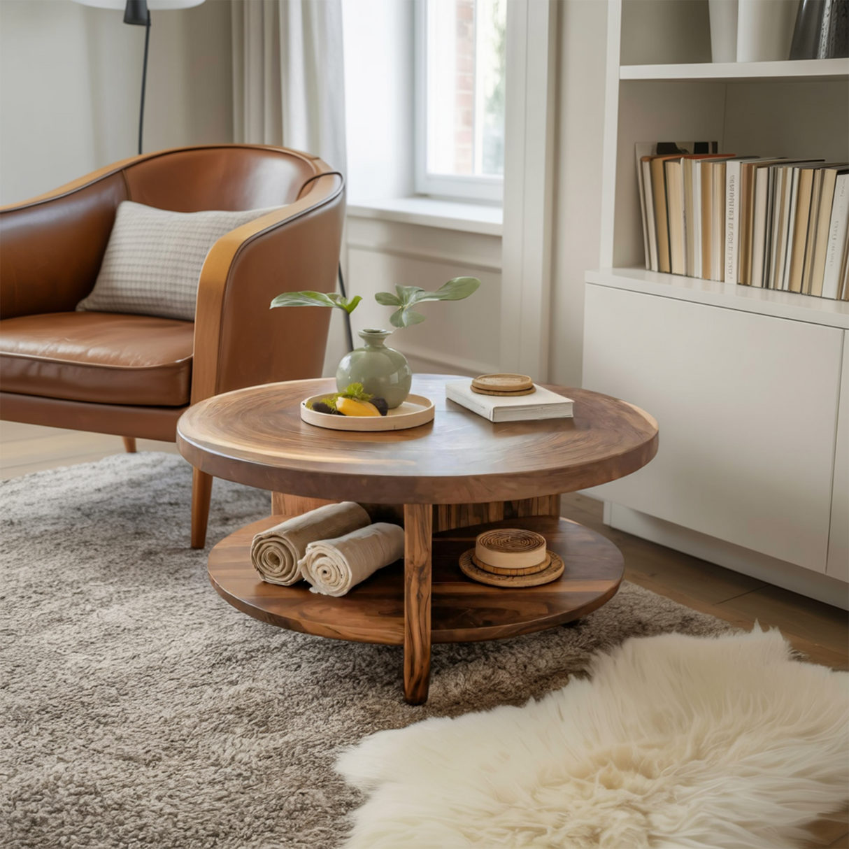 Tropical Round Coffee Table With Shelf For Coastal Living Room And Lounge