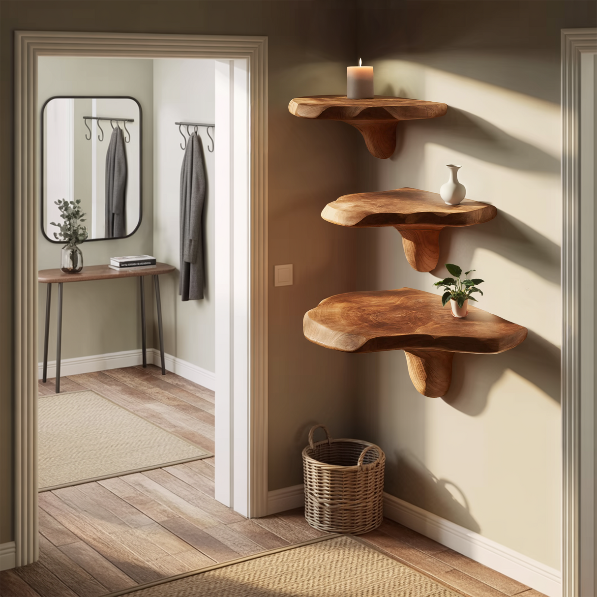 Farmhouse Wooden Mushroom Shelf For Cozy Bedroom And Entryway Design