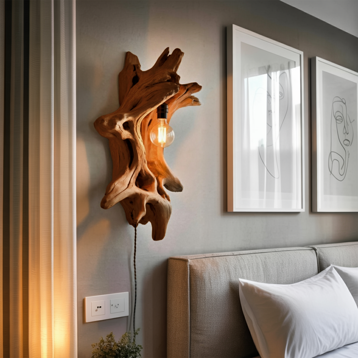 Driftwood Wall Lamp With Carved Form For Rustic Modern Living Room