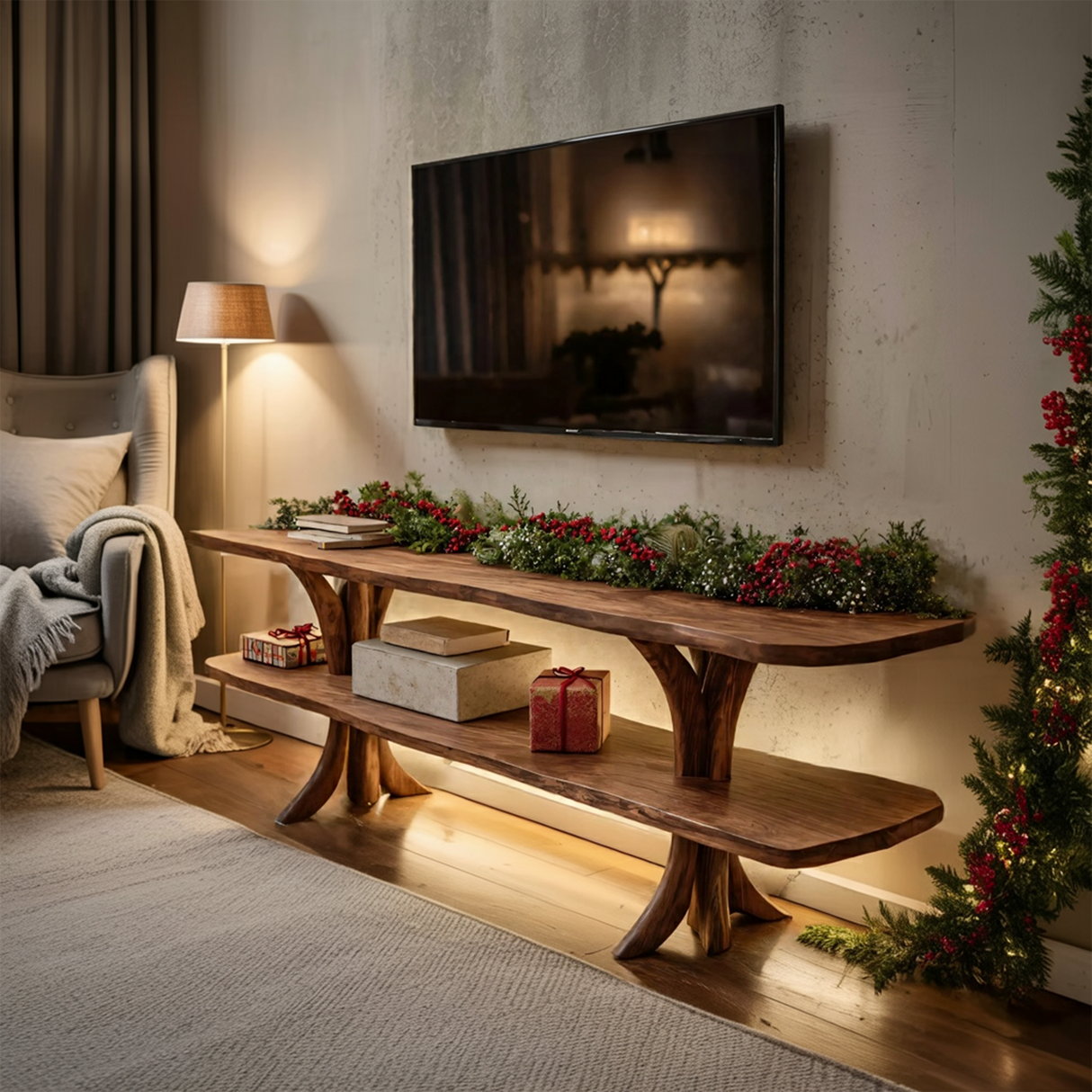 Mid Century Wooden Live Edge TV Console For Christmas Living Room Decor