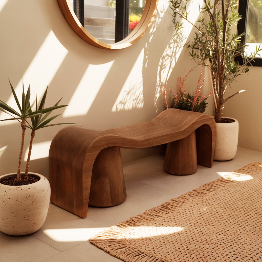 Contemporary Sculpted Wood Bench For Garden Or Patio