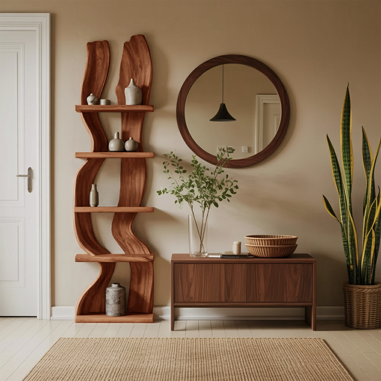 Modern Rustic Standing Shelf With Curved Silhouette For Living Room