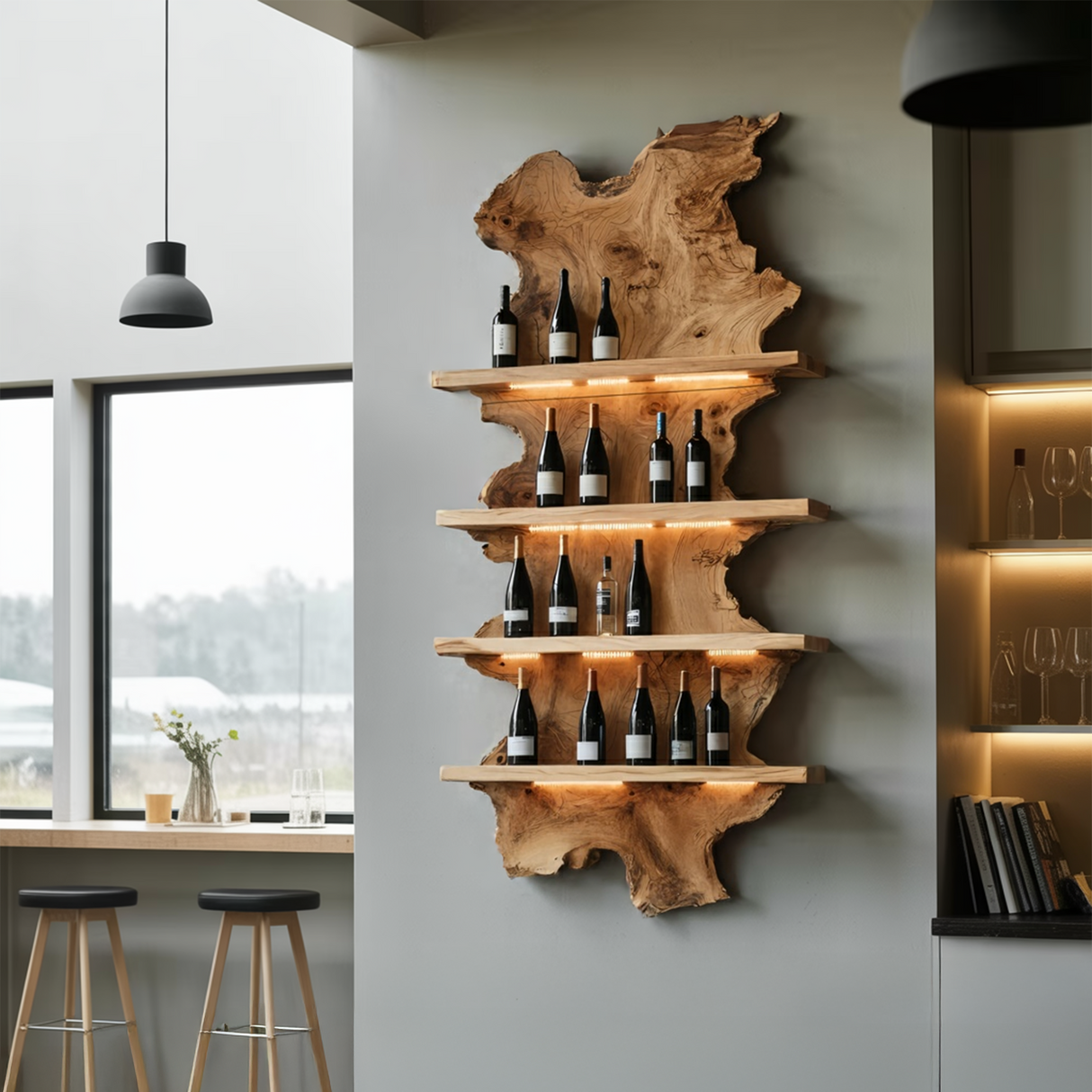 Mid Century Live Edge Wine Holder For Bar Decor And Home Art