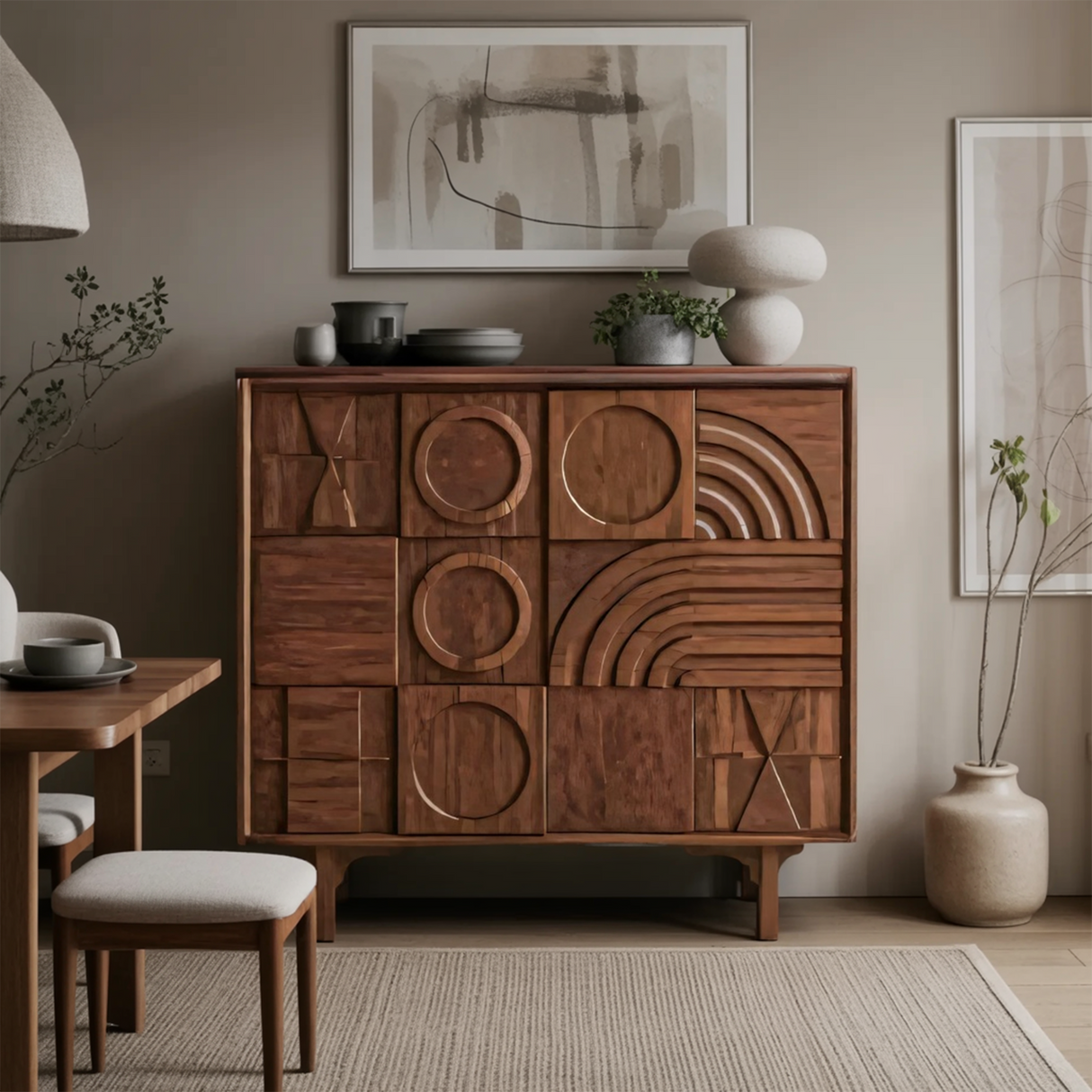 Geometric Carved Cabinet With Sculpted Doors For Entryway And Living Room