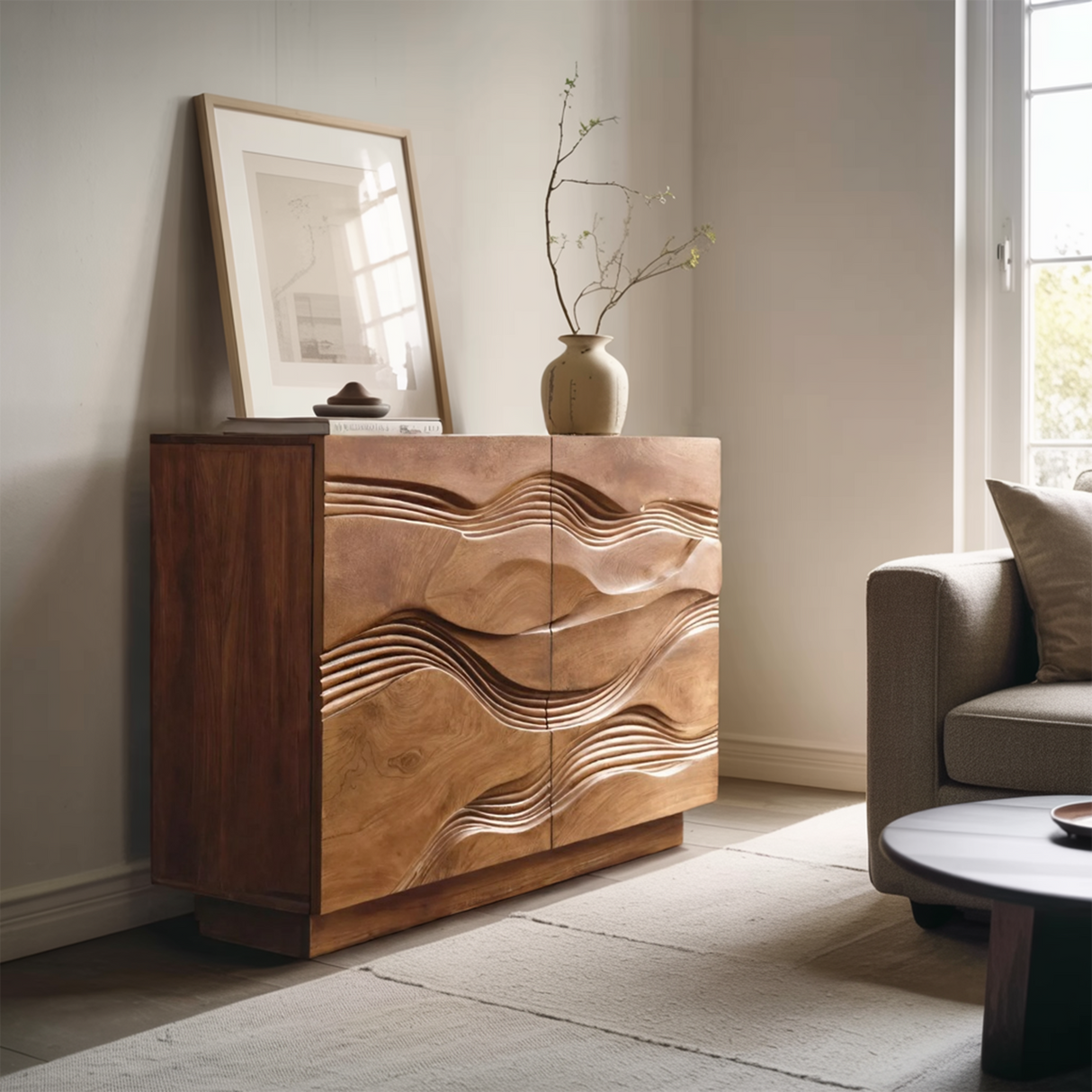 Organic Storage Cabinet Hand Carved Wave Pattern For Home Decor