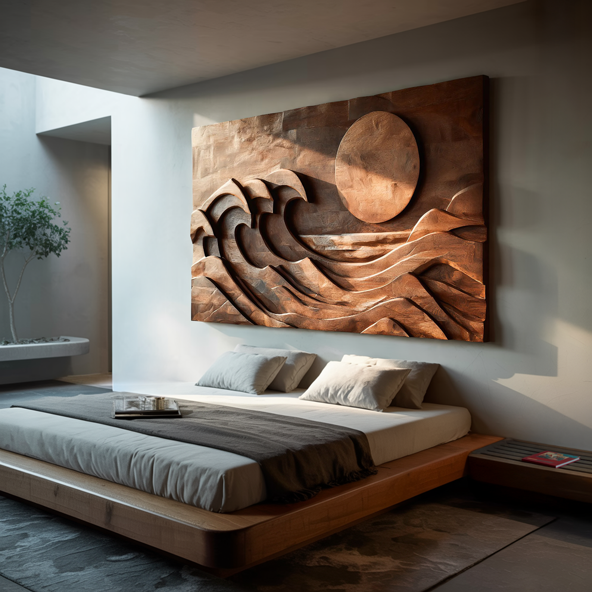 Modern Carved Wall Art Waves And Sun For Home Decor