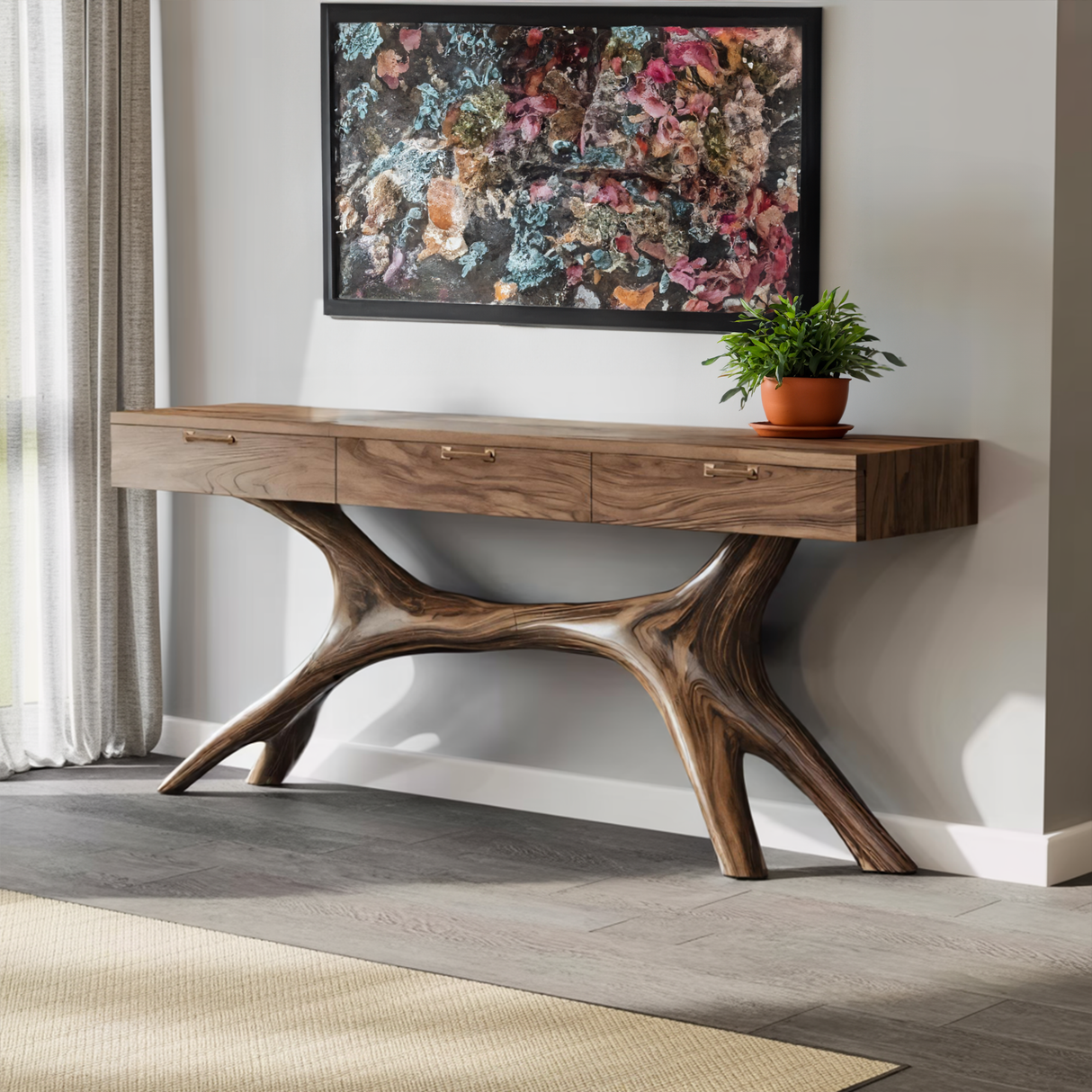 Farmhouse Wooden Console Table For Furniture Decor With Drawers