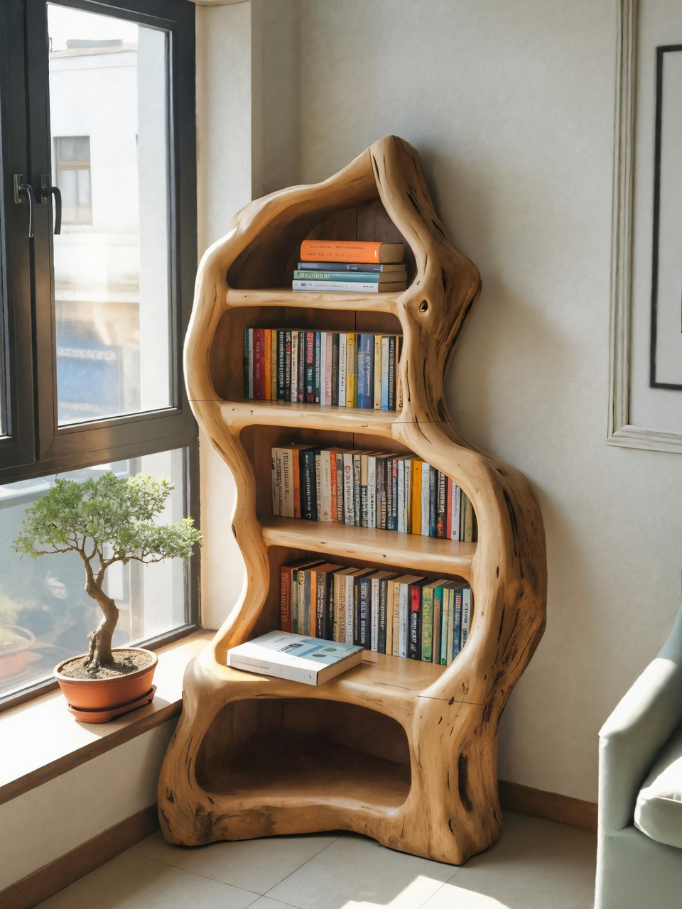 Organic Live Edge Bookshelf For Rustic Living Room Or Office