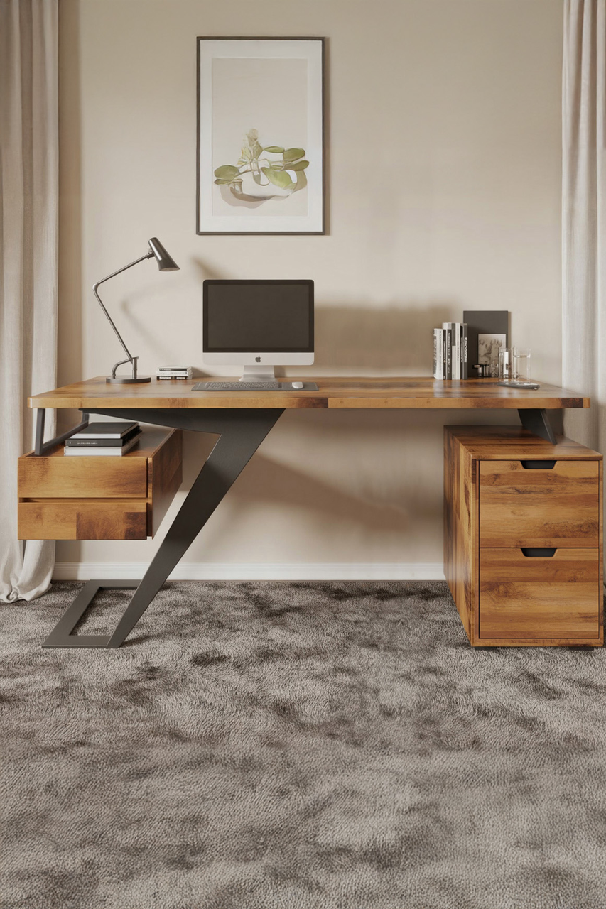 Modern Desk With Z Frame And Drawers For Home Office