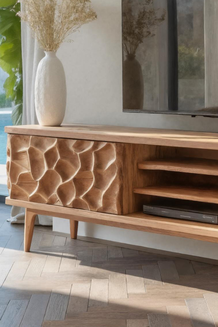 Handmade TV Stand With Carved Doors For Living Room