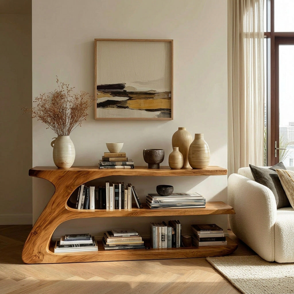 Modern Organic Wood Console Table With Shelf For Living Room