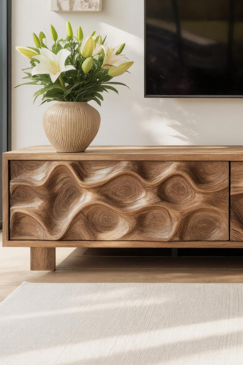 Hand Carved TV Stand With Wave Design For Living Room