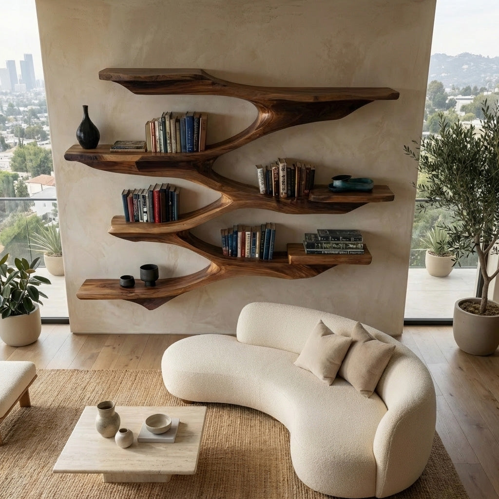 Mid Century Wooden Wall Shelf For Living Room Space