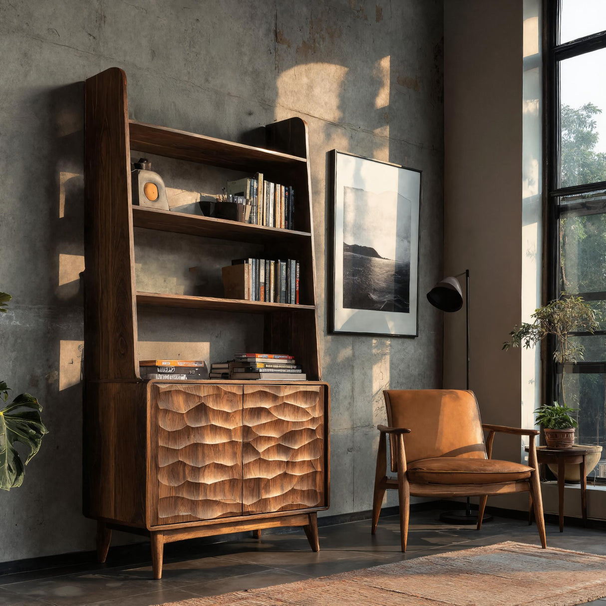 Modern Wooden Bookshelf With Carved Cabinet Doors For Home
