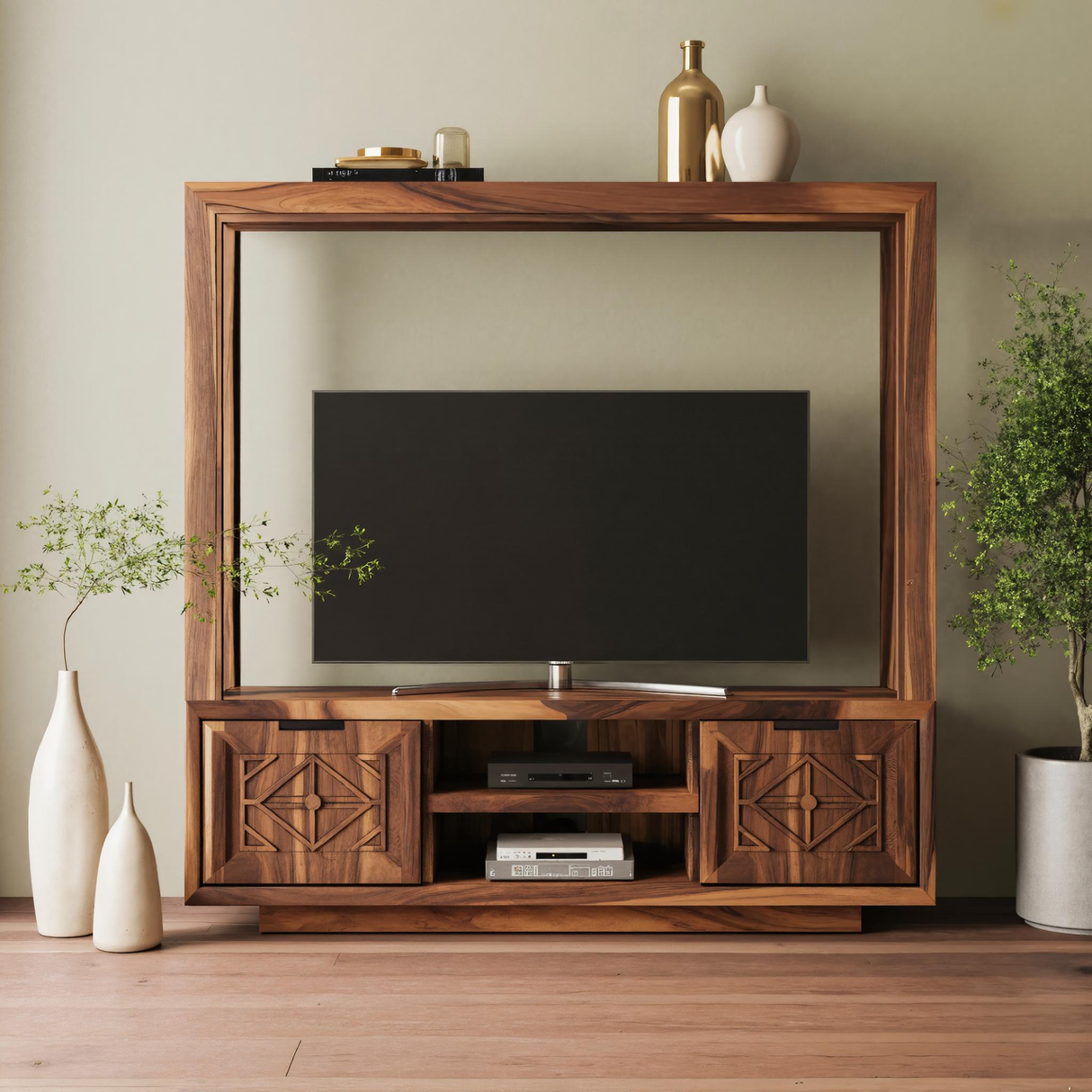Geometric Carved TV Frame With Storage For Living Room