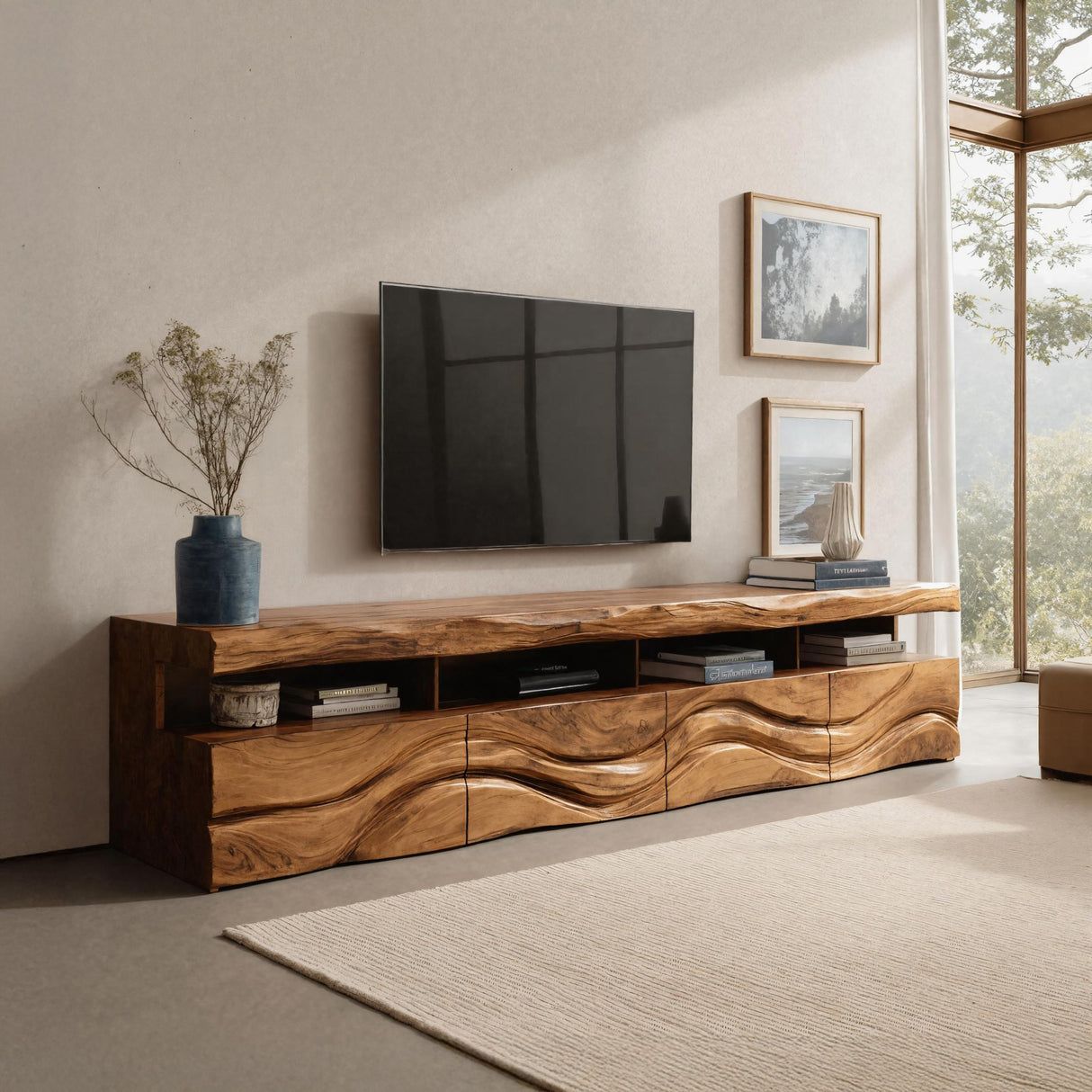 Modern Wave Carved Wood TV Stand For Living Room
