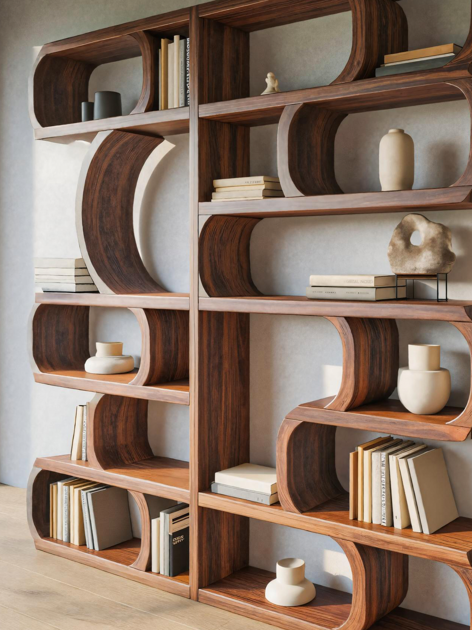 Modern Sculptural Bookshelf With Symmetrical Curves For Living Room Or Office