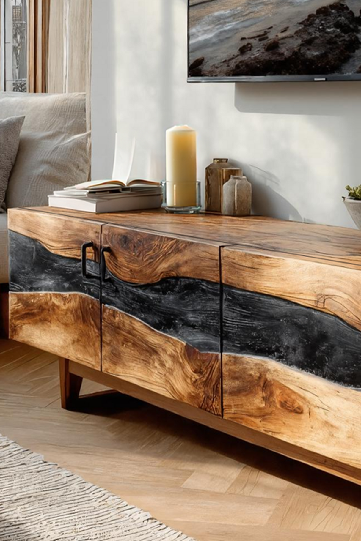 Mid Century Rustic Wooden TV Stand For Living Room