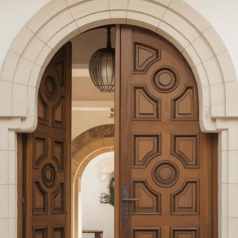 Mediterranean Double Entry Door With Geometric Panels For Spanish Home