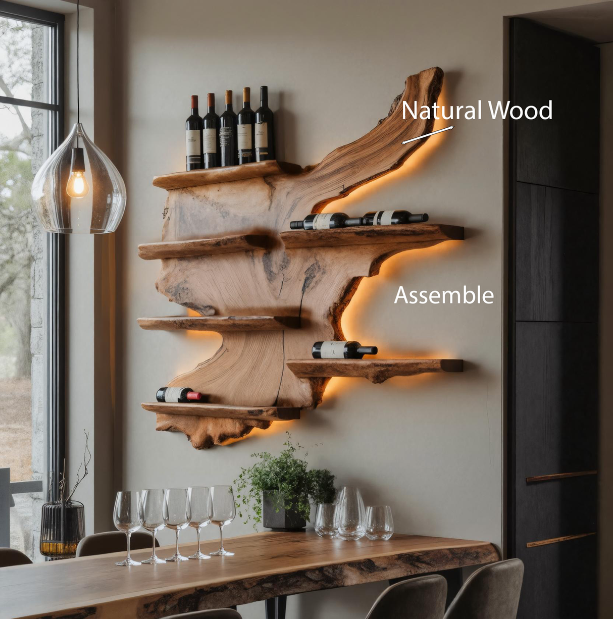 Rustic Live Edge Wine Rack Shelf With LED For Bar