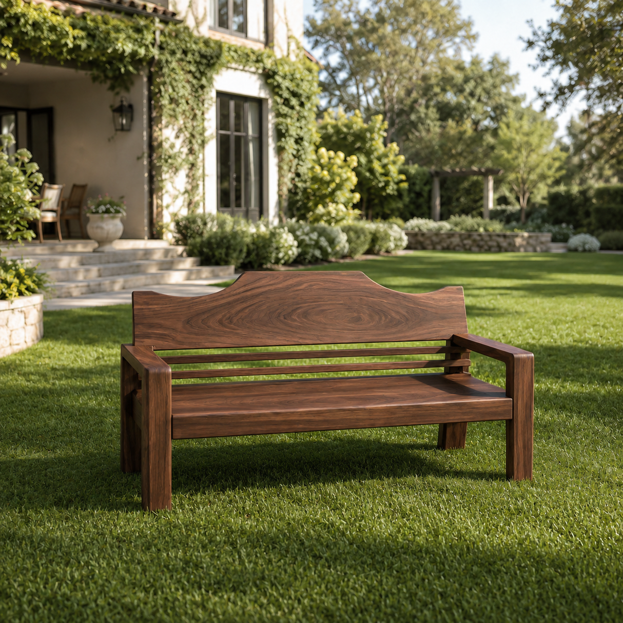 Rustic Outdoor Wooden Bench With Curved Backrest For Garden Or Porch