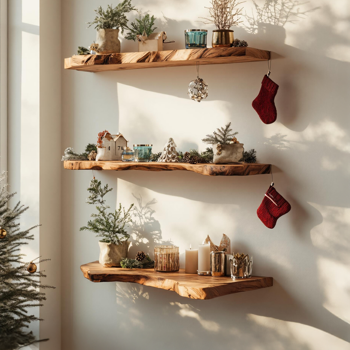 Handcrafted Solid Wood Floating Shelf For Living Room Xmas Decor