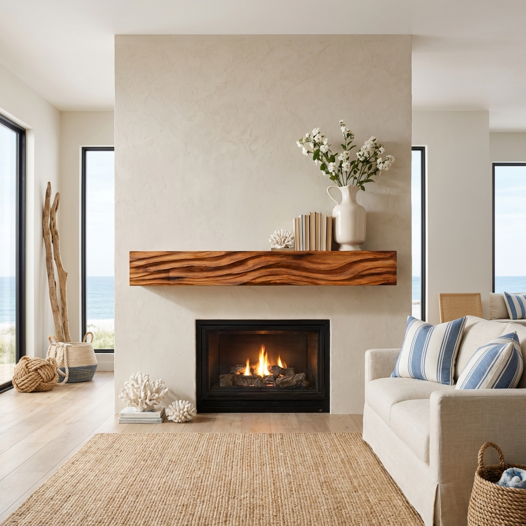 Rustic Wooden Floating Fireplace Shelf For Living Room Interior