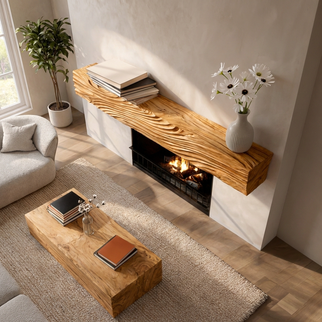 Rustic Fireplace Shelf With Wave Carved For Cozy Living Room