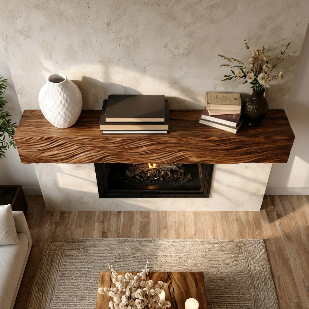 Rustic Wooden Floating Fireplace Shelf For Living Decor