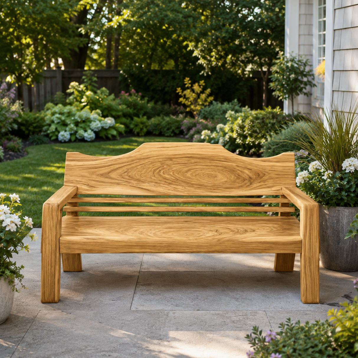 Rustic Outdoor Wooden Bench With Curved Backrest For Garden Or Porch
