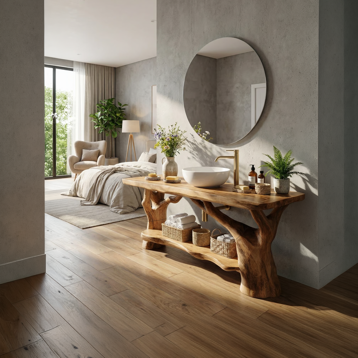 Handcrafted Solid Wood Bathroom Vanity Sculptural Design For Spa Bath