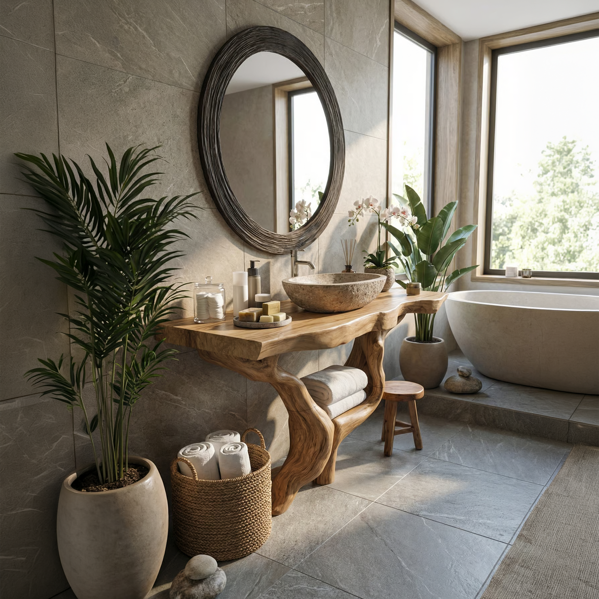 Mid Century Solid Wood Bathroom Vanity Organic Live Edge For Home Bath