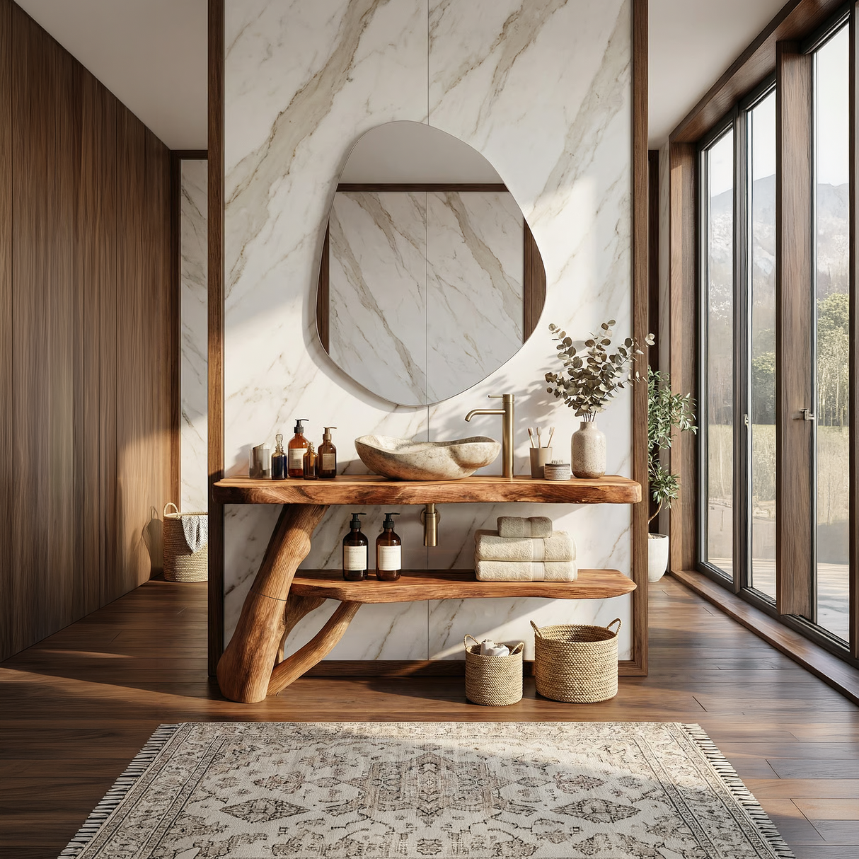 Mid Century Solid Wood Bathroom Vanity Handmade Live Edge For Bathroom