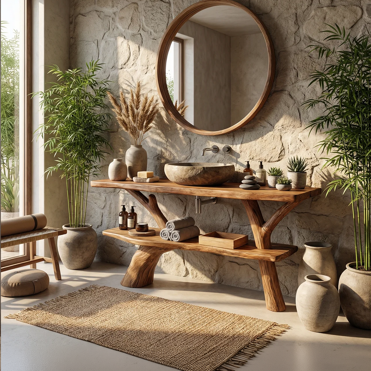 Modern Bathroom Vanity Solid Wood With Open Shelf For Minimal Bath