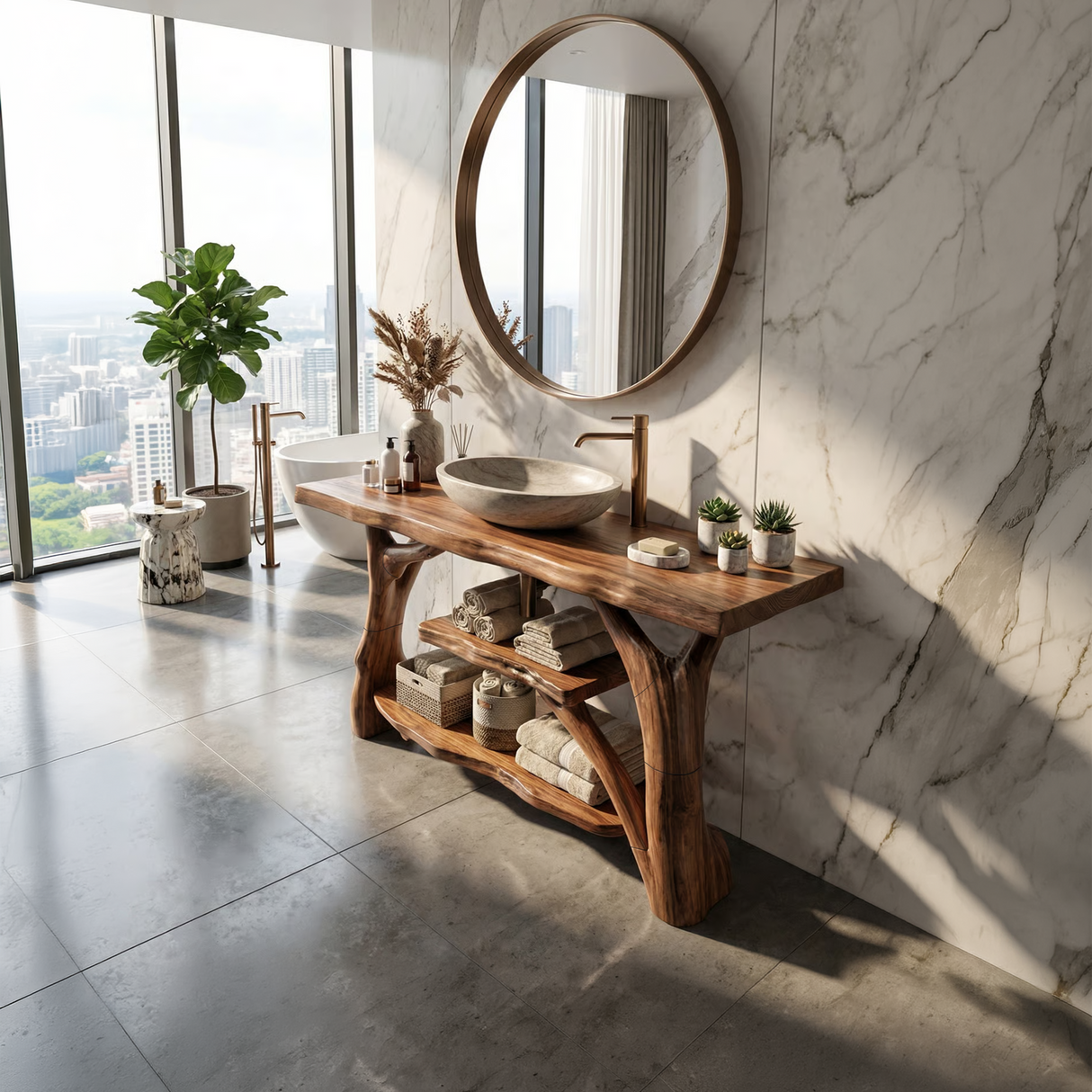Modern Solid Wood Bathroom Vanity With Open Shelf For Spa Bathroom