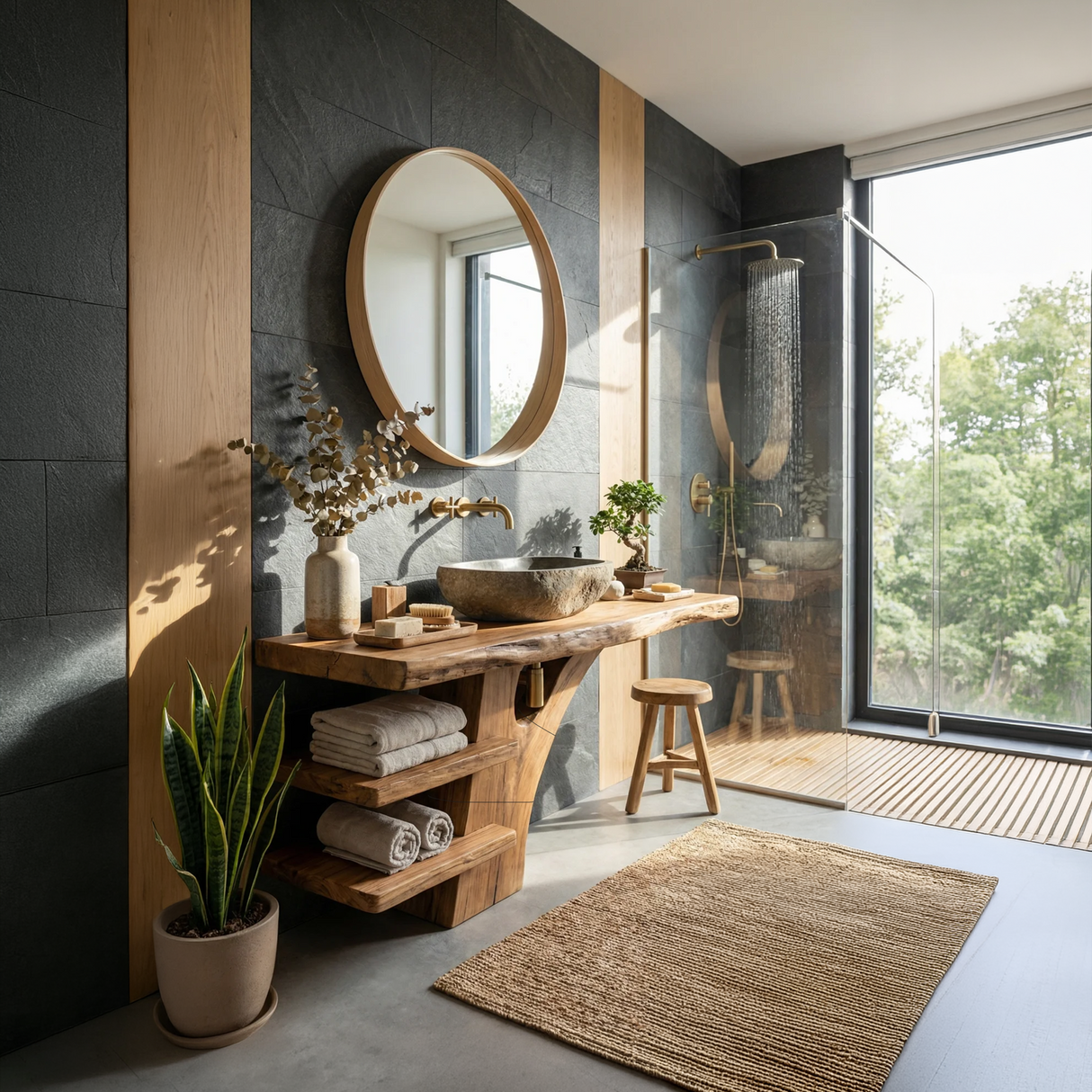 Handcrafted Live Edge Bathroom Vanity With Storage Shelf For Spa Bath