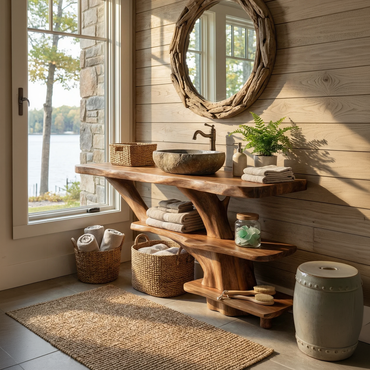 Farmhouse Bathroom Vanity Solid Wood With Shelf For Rustic Spa Bath