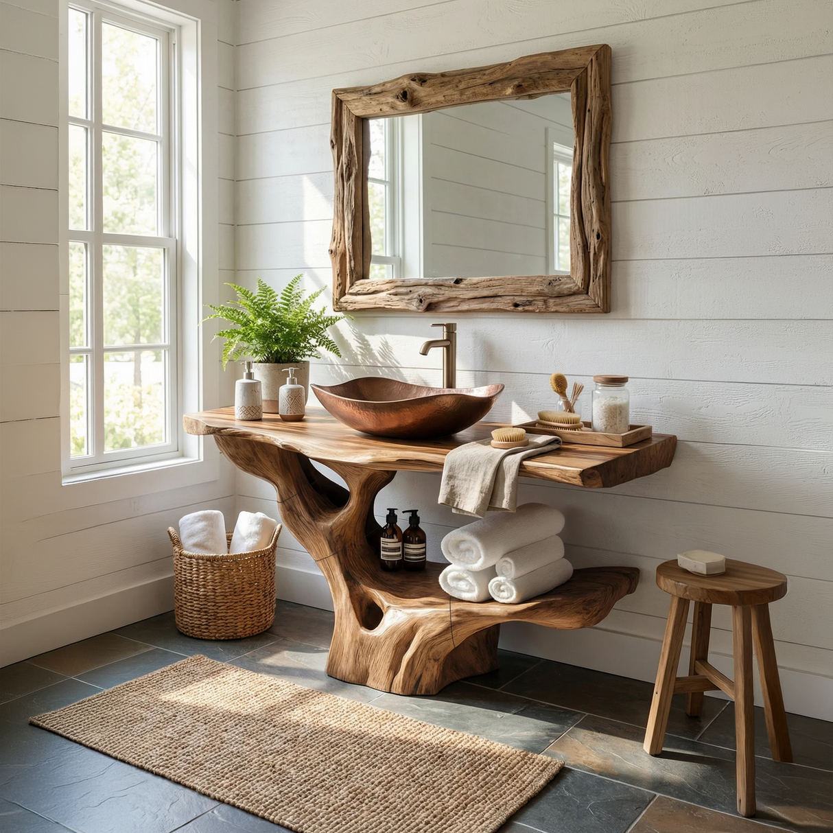 Modern Solid Wood Bathroom Vanity Organic Live Edge For Minimalist Bath