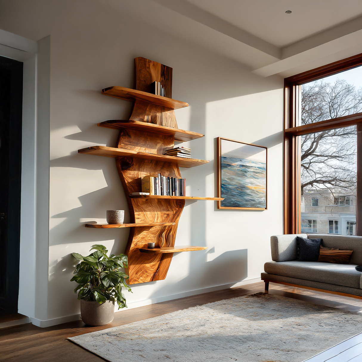 Contemporary Wooden Wall Mounted Bookshelf For Living Room