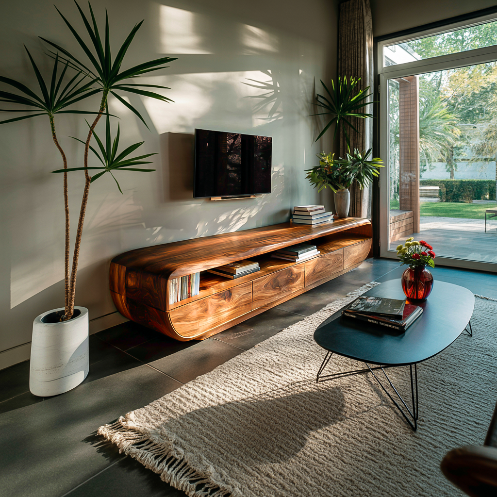 Handcrafted TV Cabinet Design Spacious Drawers For Living