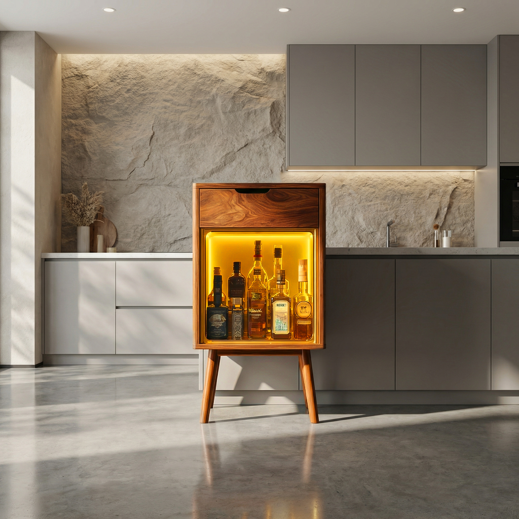 Modern Wood Wine Cabinet With Warm Lighting For Kitchen
