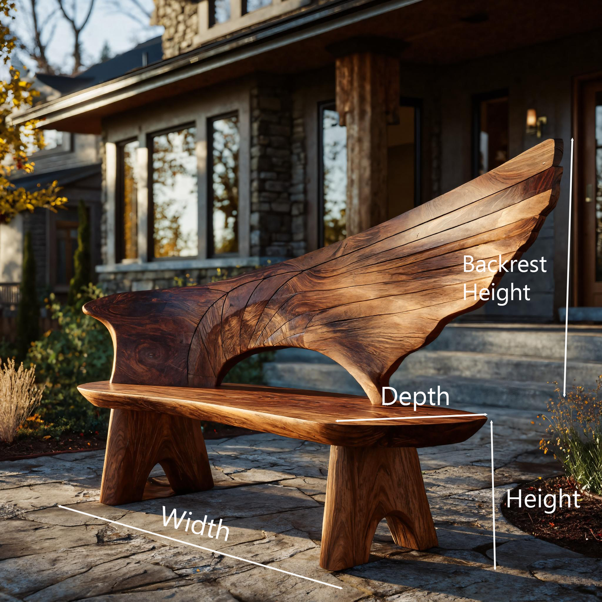 Outdoor Bench With Wing Inspired Carved Backrest For Garden