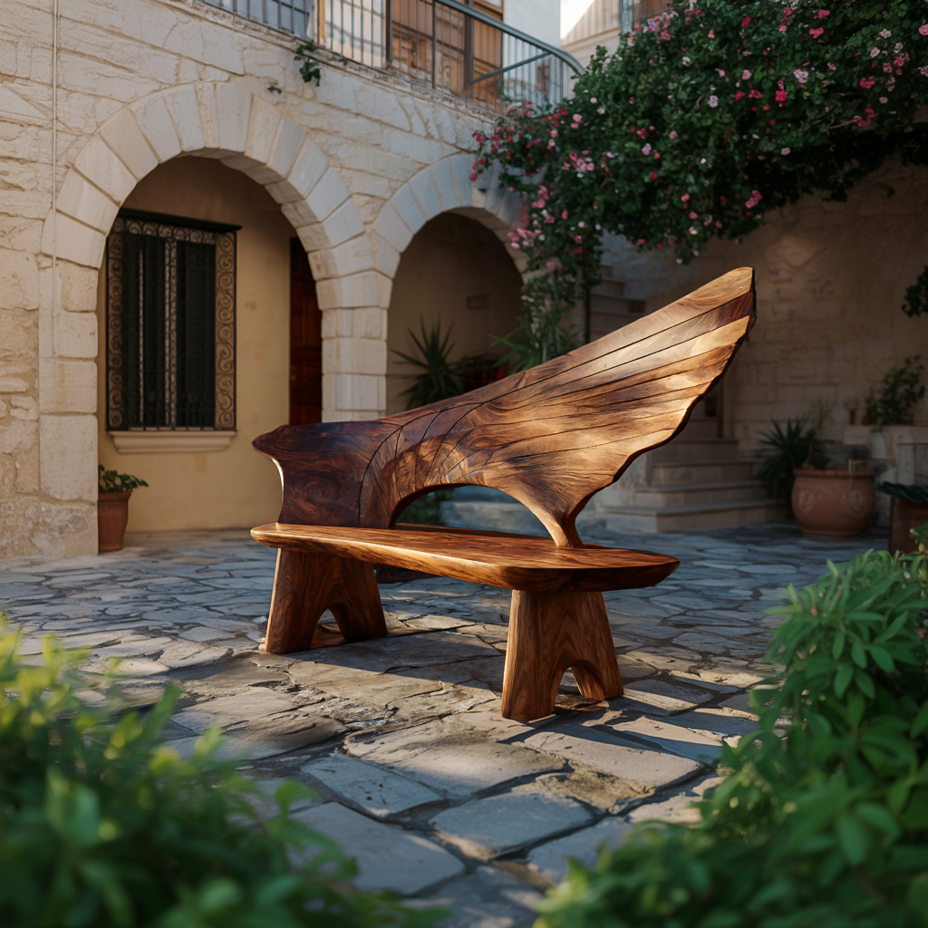 Outdoor Bench With Wing Inspired Carved Backrest For Garden