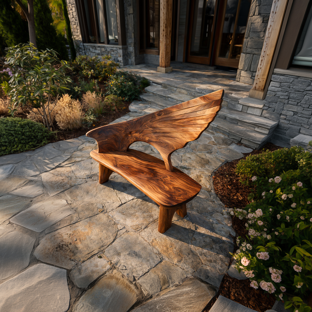Outdoor Bench With Wing Inspired Carved Backrest For Garden