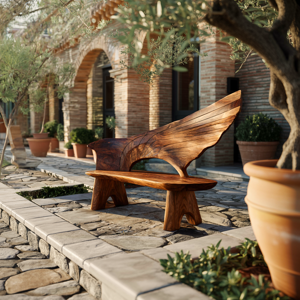 Outdoor Bench With Wing Inspired Carved Backrest For Garden