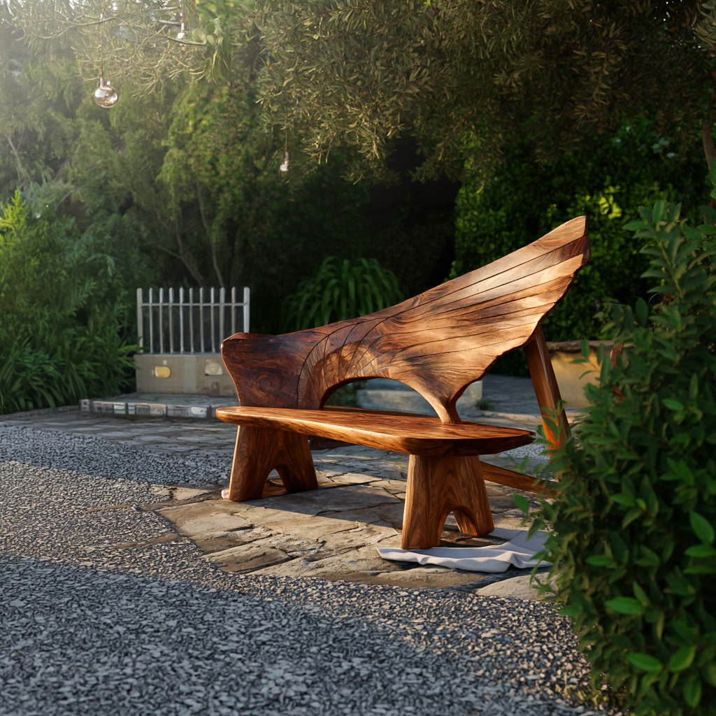 Outdoor Bench With Wing Inspired Carved Backrest For Garden