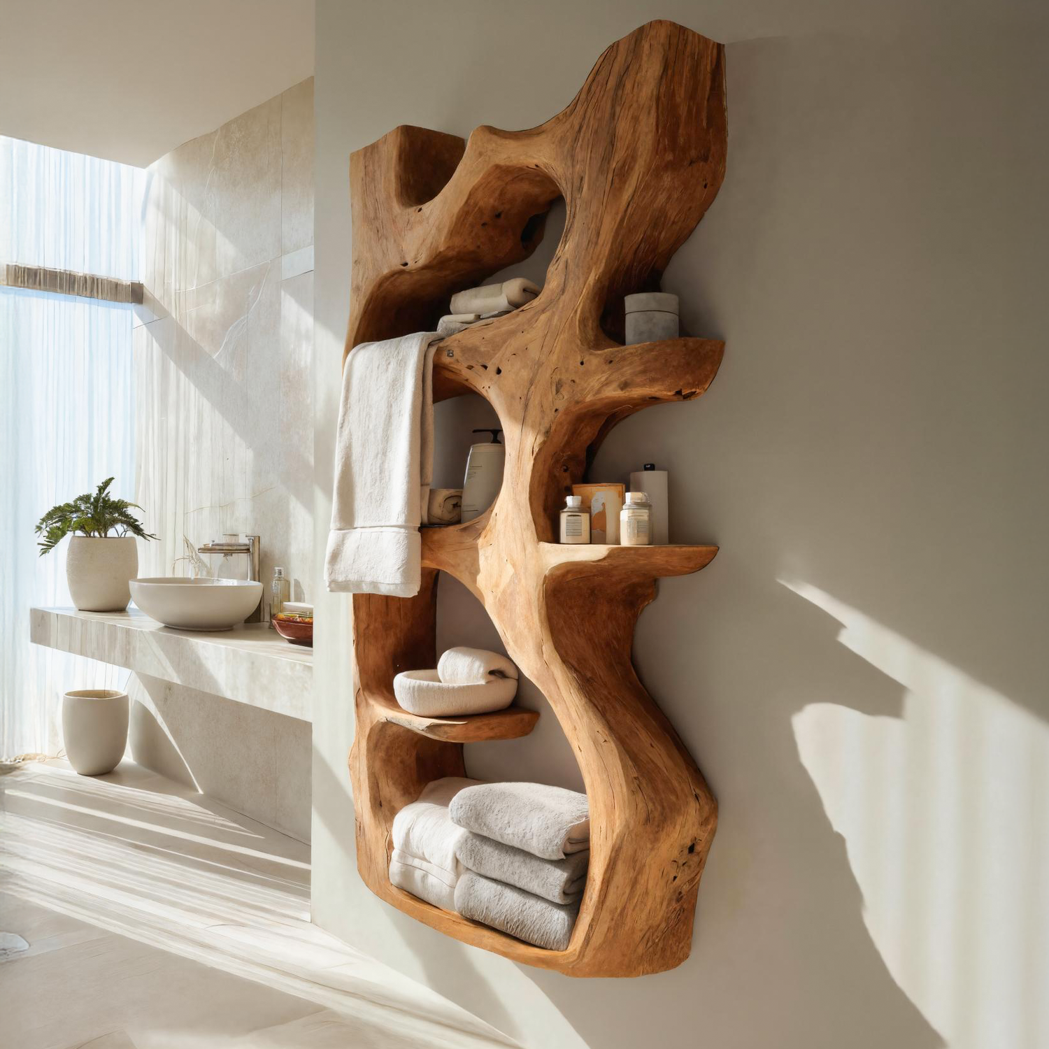 Handcrafted Sculpted Bathroom Shelf For Towels Or Storage