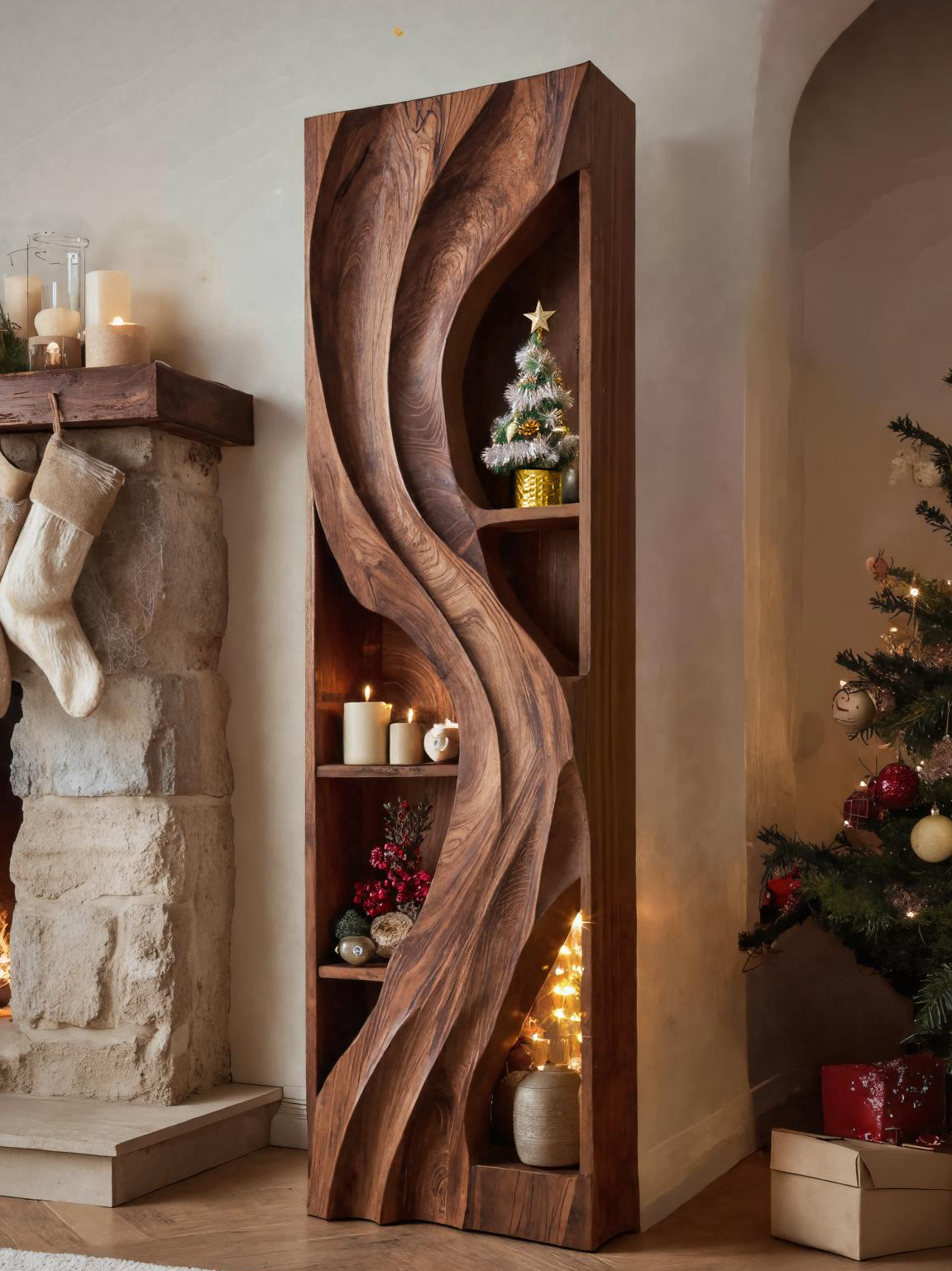 Handcrafted Standing Shelf With Sculpted Wave Design For Holiday