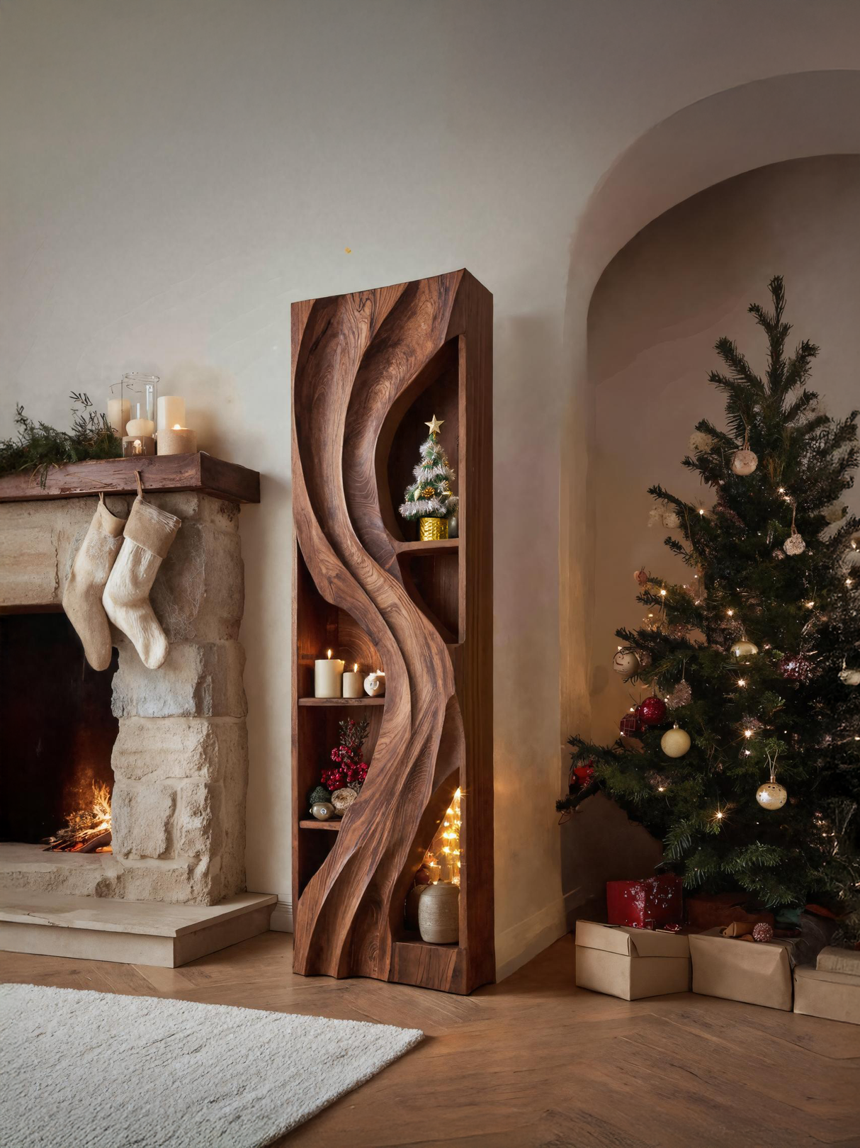 Handcrafted Standing Shelf With Sculpted Wave Design For Holiday